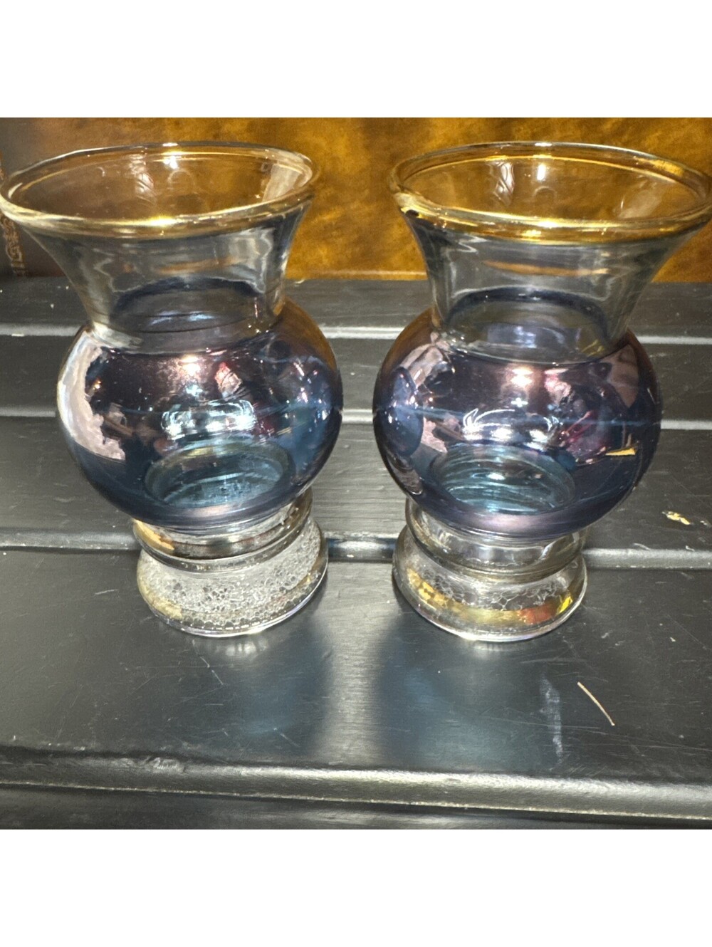 Bartlett-Collins Vintage 1950s Clear W/ Blue  Flashing, Gold Band Blown Vase